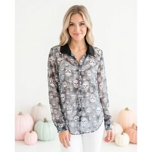 Mono‎ B M Skull Print Chiffon Button Down Shirt Grey Black Medium NWOT